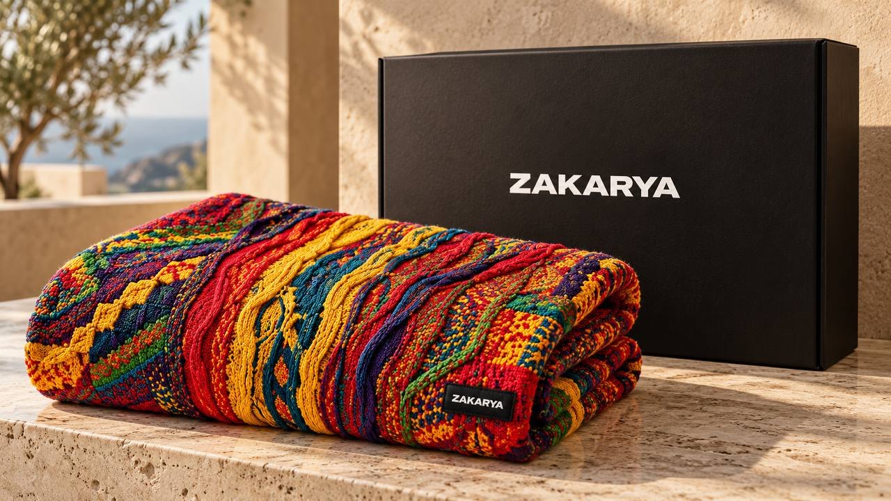 ZAKARYA folded multicolor knit throw beside its presentation box