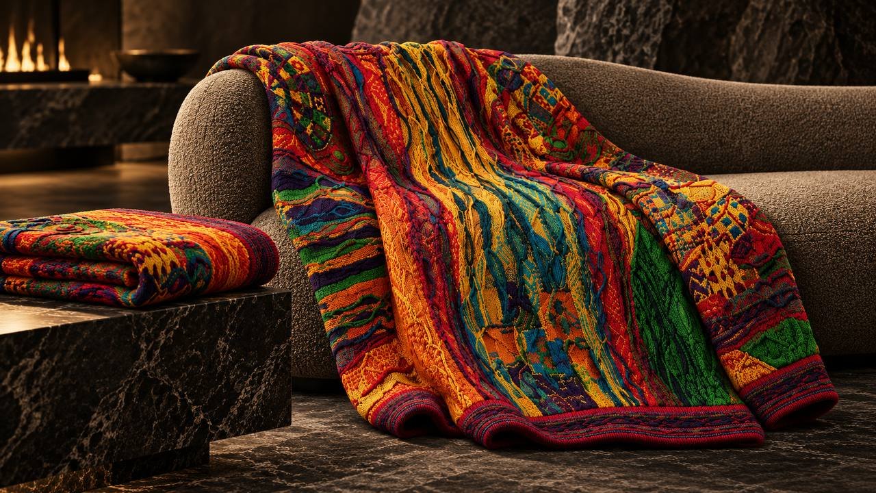 ZAKARYA hand-framed knit throw draped on a sofa by the fire
