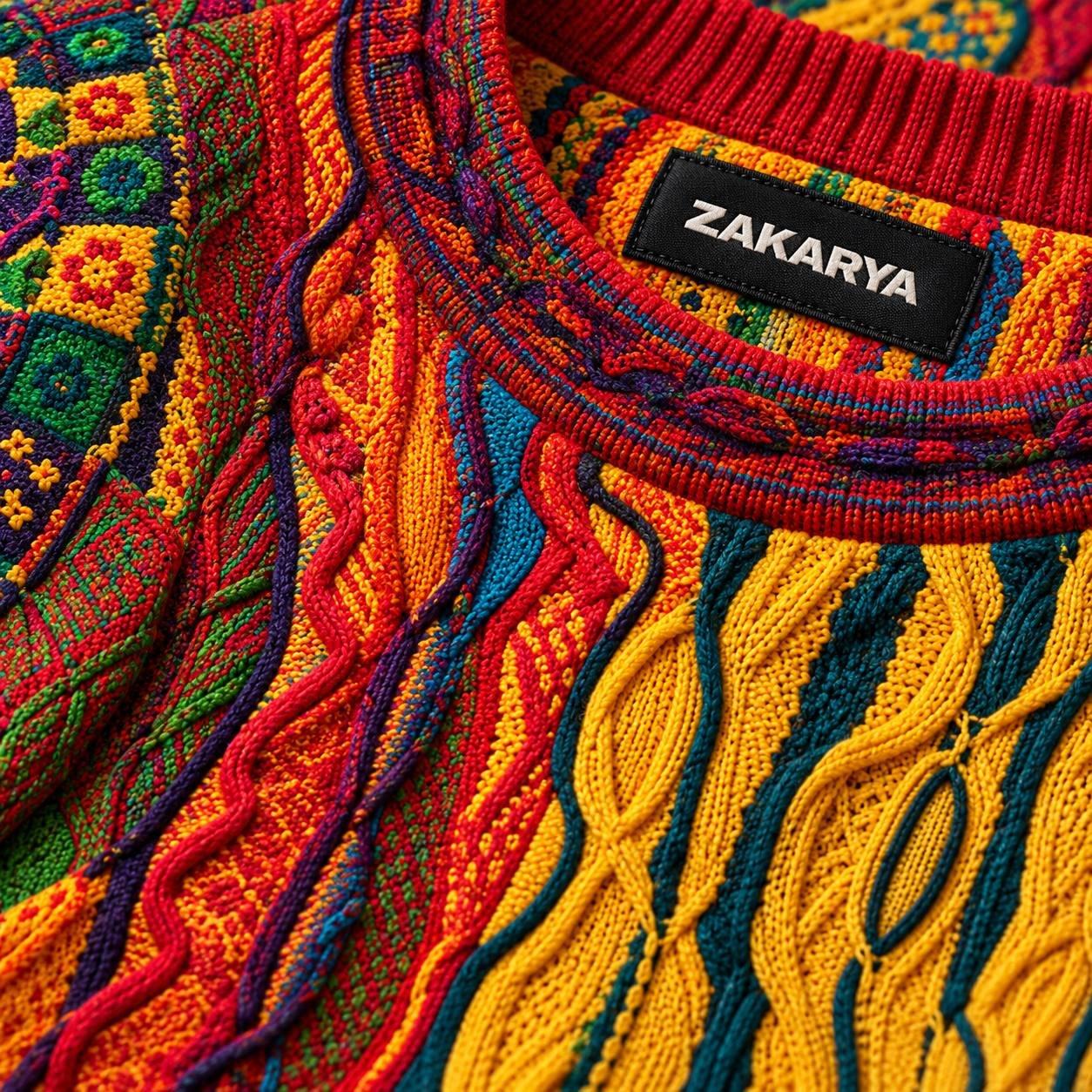 Macro detail of the hand-framed multicolor ZAKARYA knit